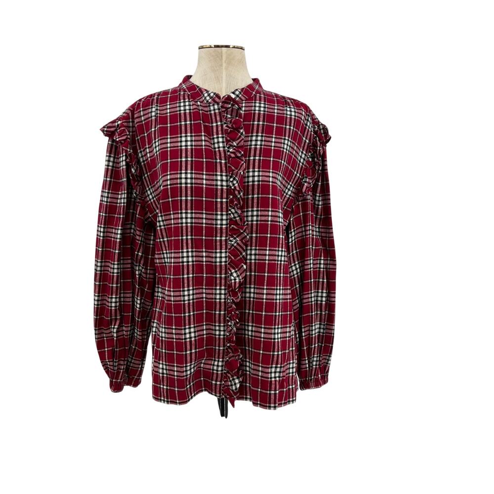 Something Navy Flannel Plaid Ruffle Shirt Red Combo XXL 100% Cotton Button Up - Picture 2 of 15